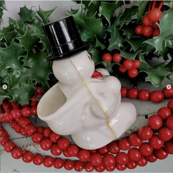 Vintage Rosbro Snowman Candy Container Plastic Christmas Black Hat Scarf NO PIPE - Picture 5 of 7
